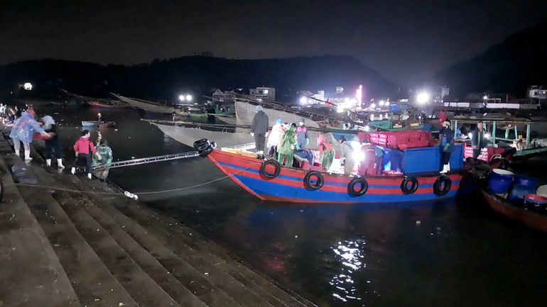 Một chiếc thuyền đầy ắp hải sản vừa cập bến, ngư dân và người nhà khẩn trương bốc dỡ hải sản. Do bến hẹp, hầu hết tàu công suất trên 450CV phải đậu ở cảng biển cách đó hơn 1km, rồi dùng tàu trung chuyển đưa cá vào bờ.