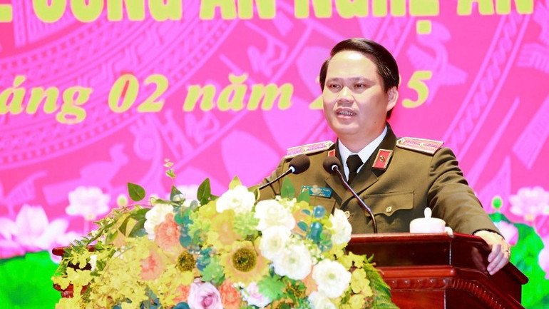 Thiếu tướng Bùi Quang Thanh, Giám đốc Công an tỉnh Nghệ An phát biểu tại buổi lễ.