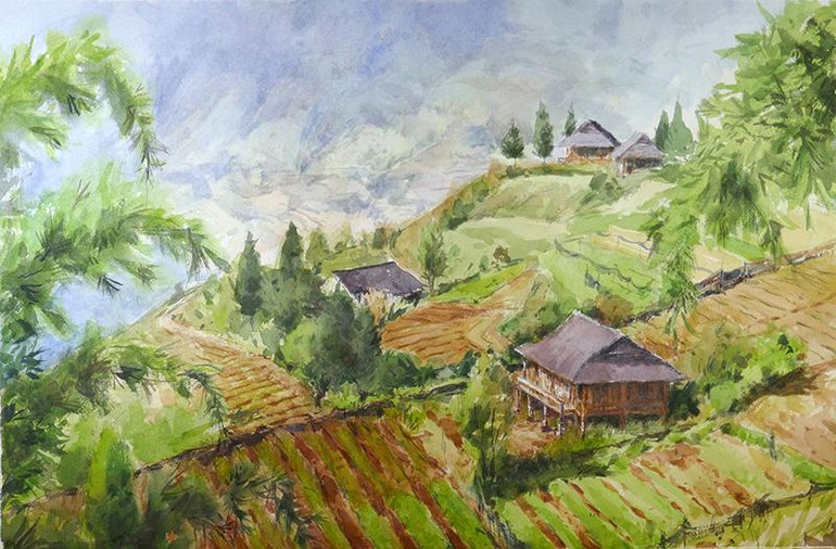 Phong cảnh Sapa No1, mầu nước, 37x56cm. Ảnh: NVCC