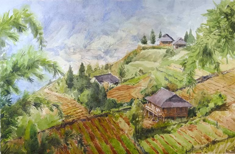 Phong cảnh Sapa No1, mầu nước, 37x56cm. Ảnh: NVCC