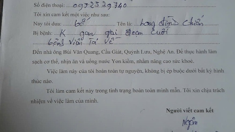 Các bệnh nhân đến đây điều trị đều phải viết một bản cam kết với nội dung tự nguyện. Các bệnh nhân đến đây điều trị đều phải viết một bản cam kết với nội dung tự nguyện.