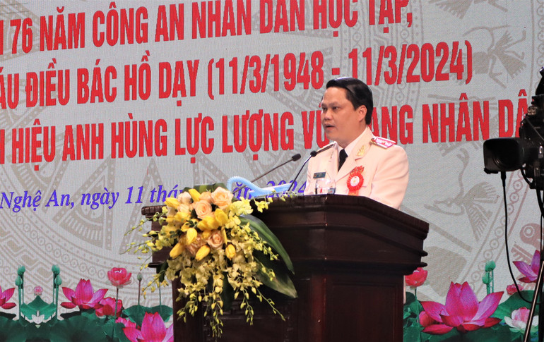 Thiếu tướng Bùi Quang Thanh, Giám đốc Công an tỉnh Nghệ An phát biểu tại buổi lễ.