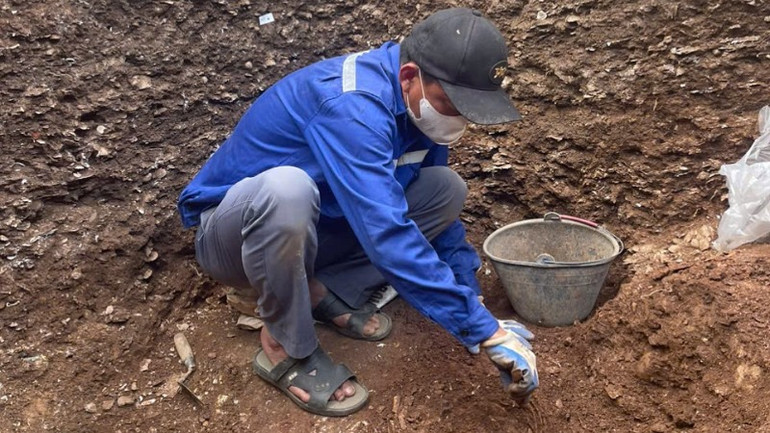 Công tác khai quật đang được Bảo tàng Nghệ An cùng các đơn vị liên quan, các nhà khảo cổ học tiếp tục thực hiện. (Ảnh: BÁ TRÀ)