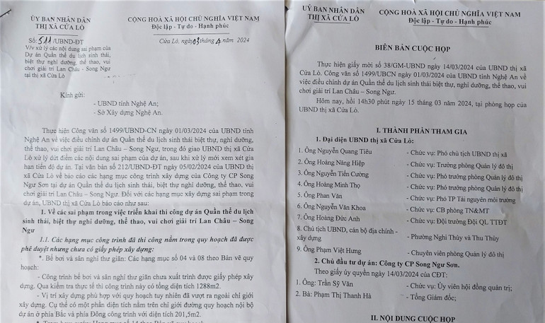 Biên bản cuộc họp giữa Ủy ban nhân dân thị xã Cửa Lò vào ngày 15/3/2024 và Công ty cổ phần Song Ngư Sơn; Báo cáo của Ủy ban nhân dân thị xã Cửa Lò gửi Ủy ban nhân dân tỉnh Nghệ An và Sở Xây dựng ngày 3/4/2024.