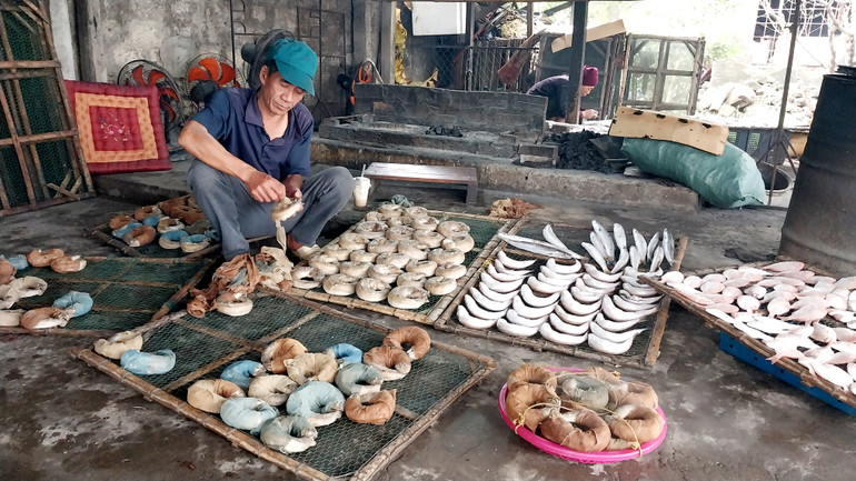 “Quy trình làm cá mối rất kỳ công. Để tránh bị gãy, khi hấp, từng con cá được cuộn bằng vải màn. Sau khi hấp xong, cá được tháo lớp vải màn và lại được mang đi xông mía để có màu đẹp và hương thơm”, ông Võ Quốc Việt, người có thâm niên trong chế biến cá mối chia sẻ.