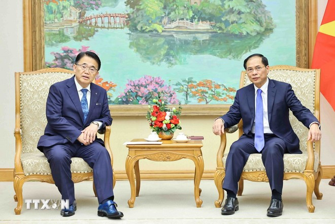 Phó Thủ tướng, Bộ trưởng Ngoại giao Bùi Thanh Sơn tiếp Ngài Omura Hideaki, Thống đốc tỉnh Aichi, Nhật Bản. (Ảnh:TTXVN)
