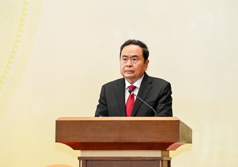 Chủ tịch Quốc hội Trần Thanh Mẫn phát biểu tại cuộc gặp mặt. (Ảnh: DUY LINH)