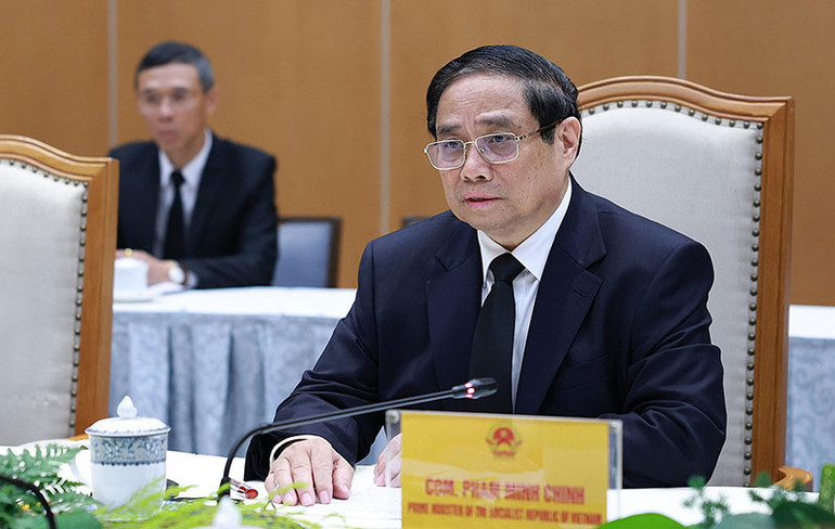 Thủ tướng Phạm Minh Chính phát biểu tại cuộc tiếp Tổng Bí thư, Chủ tịch nước Lào Thongloun Sisoulith.