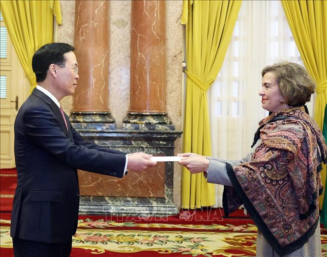 Chủ tịch nước Võ Văn Thưởng tiếp nhận Quốc thư của Đại sứ Tây Ban Nha Carmen Cano De Lasala. (Ảnh: TTXVN)