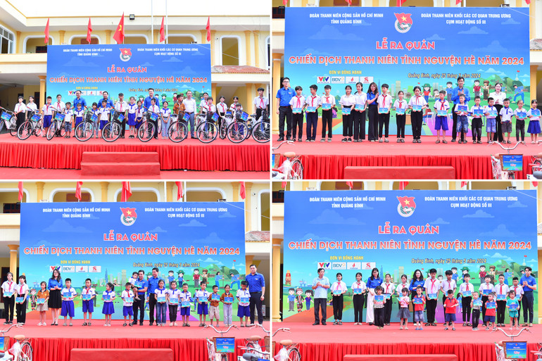 Đại diện lãnh đạo các đơn vị thuộc Cụm hoạt động số III - Đoàn khối Các cơ quan Trung ương và tỉnh Quảng Bình trao quà tặng các em học sinh có hoàn cảnh khó khăn trên địa bàn xã Quảng Tiến Lễ ra quân Chiến dịch Thanh niên tình nguyện hè năm 2024.