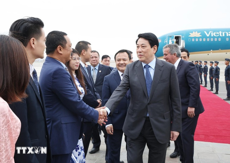 Đại biểu đón Chủ tịch nước Lương Cường tại sân bay quốc tế Jorge Chávez ở thủ đô Lima. (Ảnh: Lâm Khánh/TTXVN)