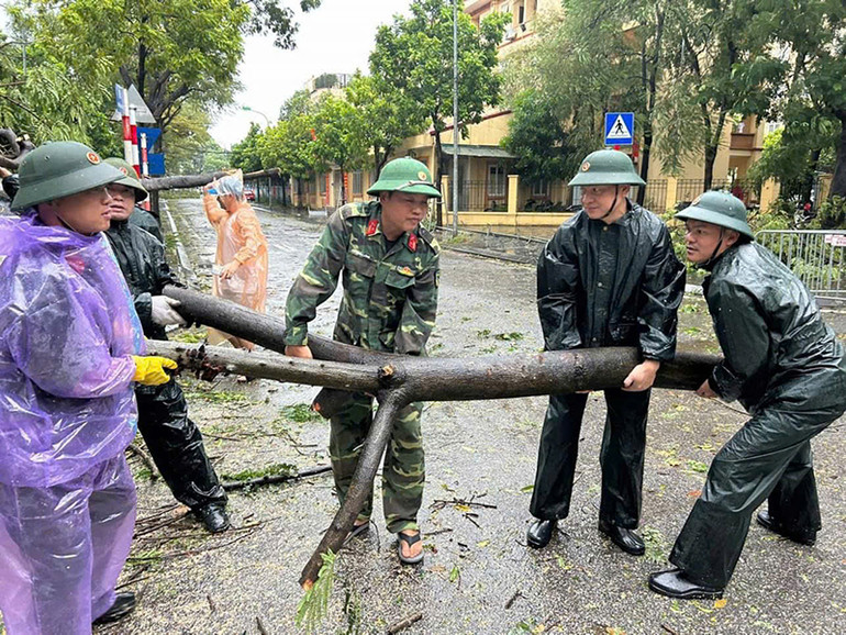 Các đơn vị quận Hoàng Mai thu dọn cây xanh bị gãy đổ trên đường phố.