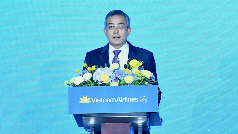 Chủ tịch Hội đồng quản trị Vietnam Airlines phát biểu ý kiến tại Lễ kỷ niệm.