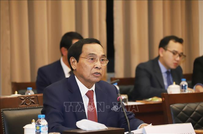 Thường trực Ban Bí thư, Phó Chủ tịch nước Lào Bounthong Chitmany phát biểu tại cuộc hội kiến. (Ảnh: TTXVN)