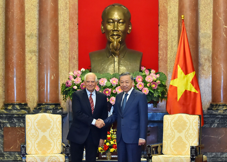 Chủ tịch nước Tô Lâm và Phó Chủ tịch Ủy ban châu Âu Josep Borell Fontelles tại buổi tiếp. (Ảnh: THỦY NGUYÊN)