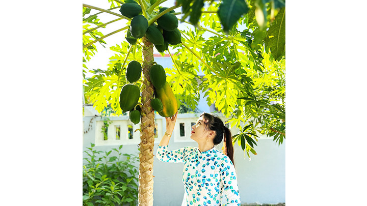 Chị Lê Thị Mỹ Thắm, người dân đảo Sinh Tồn, với quả đu đủ ước tính 4kg trước cửa nhà.