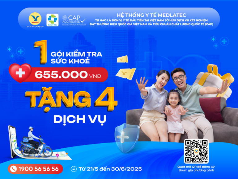 Chỉ với 655.000 đồng để sở hữu gói kiểm tra sức khỏe cơ bản 12 chỉ số và tặng ngay 4 dịch vụ miễn phí về khám, xét nghiệm tại Medlatec. Chỉ với 655.000 đồng để sở hữu gói kiểm tra sức khỏe cơ bản 12 chỉ số và tặng ngay 4 dịch vụ miễn phí về khám, xét nghiệm tại Medlatec.
