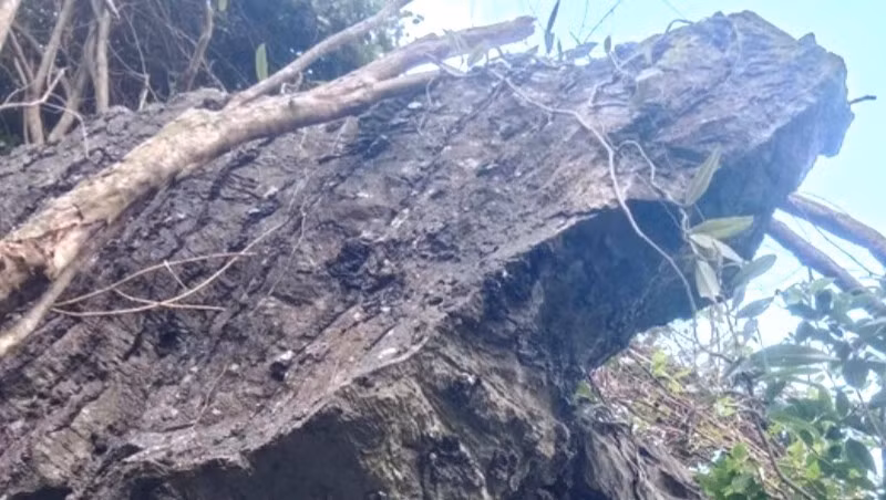 Khối đá nằm lơ lửng trên đồi có nguy cơ sạt lở xuống khu dân cư ở bản Khe Ngang, xã Trường Xuân, huyện Quảng Ninh.