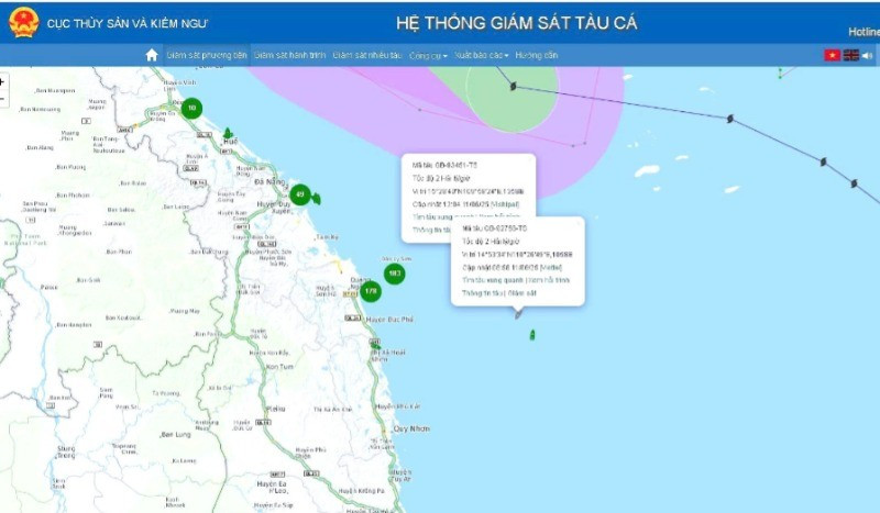 Vị trí 2 tàu cá của ngư dân Quảng Bình bị chìm trên biển.