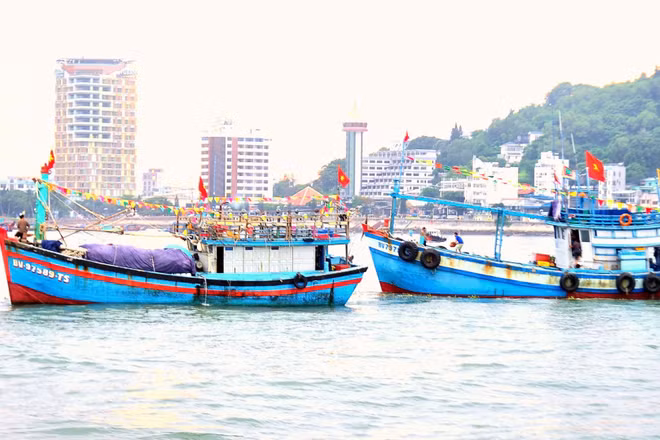 Ghe tàu của bà con ngư dân Vũng Tàu ra biển thực hiện nghi lễ rước linh vị Cá Ông. (Ảnh: LÊ ĐÌNH THÌN)
