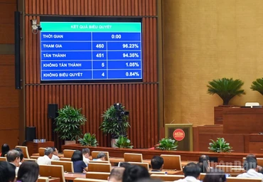 Với 451/460 đại biểu có mặt tán thành (chiếm 94.35% tổng số đại biểu), Quốc hội thông qua Luật Nhà giáo. (Ảnh: DUY LINH)