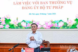 Thường trực Ban Bí thư Trần Cẩm Tú chủ trì làm việc với Ban Thường vụ Đảng ủy Bộ Tư pháp. (Ảnh: DUY LINH)