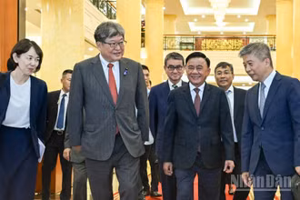 Thường trực Ban Bí thư Trần Cẩm Tú trao đổi với Quyền Tổng Thư ký Đảng Dân chủ Tự do Nhật Bản (LDP) Hagiuda Koichi. (Ảnh: DUY LINH)