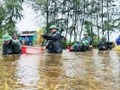 Đồn Biên phòng Cửa khẩu cảng Cửa Việt cùng Hải đội 202 Cảnh sát biển hỗ trợ người dân thôn 5, xã Gio Hải, huyện Gio Linh thu hoạch lúa bị ngập úng. Ảnh: VGPMT