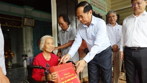 Phó Thủ tướng Bùi Thanh Sơn tặng quà Mẹ Việt Nam anh hùng Nguyễn Thị Thanh Xuân.
