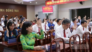 Các đại biểu Hội đồng nhân dân tỉnh Đồng Nai biểu quyết thông qua Nghị quyết tại kỳ họp.