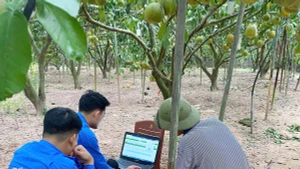 Cán bộ Đoàn Thanh niên xã Phúc Hòa (Tân Yên) hướng dẫn người dân cách đăng ký trên sàn thương mại điện tử. (Ảnh: NGUYỄN MIỀN)