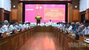 Phó Bí thư Thành ủy, Chủ tịch ủy ban nhân dân thành phố Đà Nẵng Lương Nguyễn Minh Triết phát biểu tại hội nghị. (Ảnh: ANH ĐÀO)