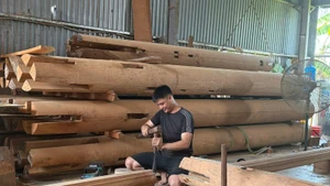 Anh Nguyễn Hữu Hiệu bên xưởng mộc của gia đình.