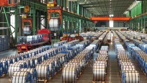 Thép thành phẩm của công ty sắt thép Shougang Jingtang Untied ở thị trấn Đường Sơn, tỉnh Hà Bắc, Trung Quốc. (Ảnh: THX/TTXVN)