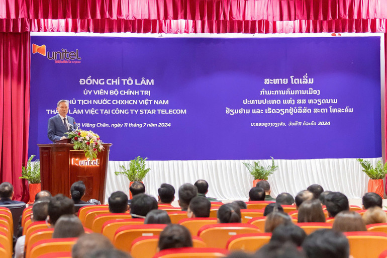 Tổng Bí thư Tô Lâm thăm và làm việc tại Star Telecom, Viettel tại Lào trên cương vị Chủ tịch nước vào tháng 7/2024. z6976137432031-a42cda06b7fd82b9cf5d1409f2af4384.jpg