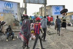 Đoàn xe chở hàng viện trợ nhân đạo tại Deir al-Balah, miền trung Dải Gaza. (Ảnh: THX/TTXVN) 