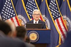 Chủ tịch Cục Dự trữ Liên bang Mỹ Jerome Powell dự họp báo tại Washington D.C. vào ngày 18/6. (Ảnh: Tân Hoa xã)