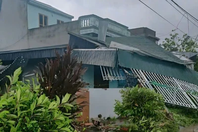 Giông lốc làm đổ tường rào và tốc mái nhà của người dân ở xã Đầm Hà, tỉnh Quảng Ninh.