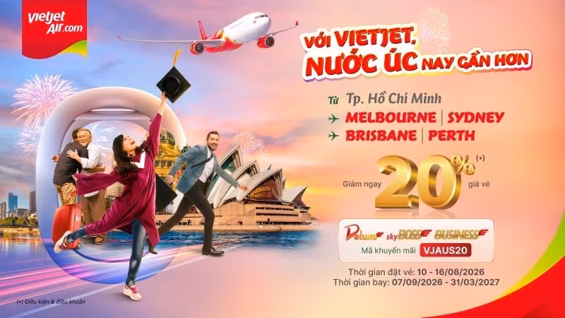 Từ nay đến 23 giờ ngày 16/8/2026 (GMT+7), hành khách tiết kiệm đến 20% giá vé Deluxe, SkyBoss và Business (chưa bao gồm thuế, phí) khi mua vé và nhập mã VJAUS20.