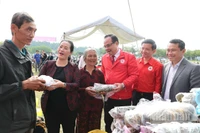 Phó Bí thư Tỉnh ủy Quảng Ngãi Đinh Thị Hồng Minh trao quà Tết cho người nghèo.