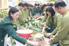 Các phòng, ban (trực thuộc Ban Chỉ huy Bộ đội Biên phòng tỉnh Sơn La) tổ chức gói bánh chưng.