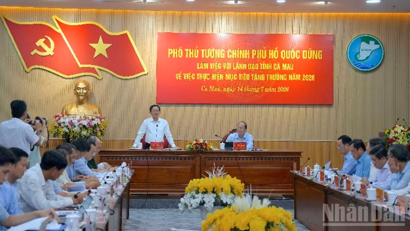 Quang cảnh buổi làm việc vào chiều 14/7 của Đoàn công tác của Chính phủ tại Cà Mau.