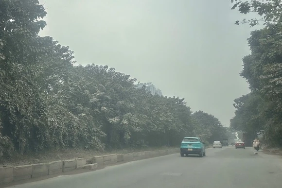 Tuyến đường gom Đại lộ Thăng Long (đoạn qua khu vực gần Thiên Đường Bảo Sơn) chìm trong lớp bụi dày đặc, mịt mù. Cây cối ven đường đổi sang màu trắng đục, phủ đầy lớp bột mịn. (Ảnh: THÙY LINH)