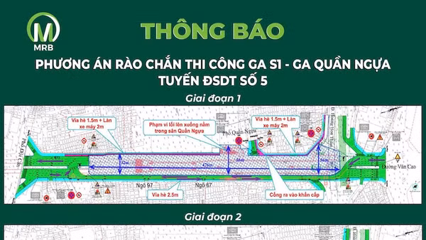 Sơ đồ phương án rào chắn đường Văn Cao để thi công ga S1 (ga Quần Ngựa) tuyến đường sắt đô thị số 5 (Văn Cao-Hòa Lạc)