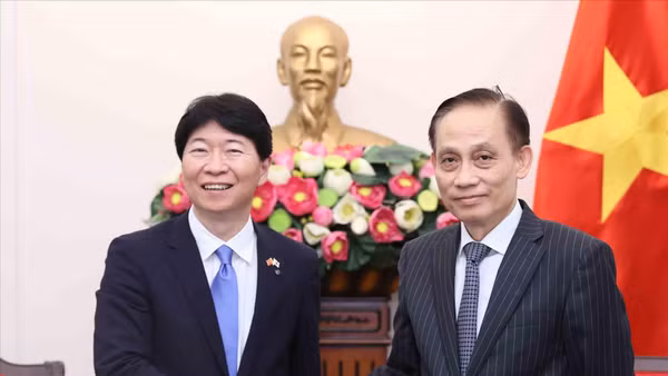 Bộ trưởng Bộ Ngoại giao Lê Hoài Trung tiếp Thống đốc tỉnh Okayama (Nhật Bản) Ibaragi Ryuta. (Ảnh: An Đăng/TTXVN)