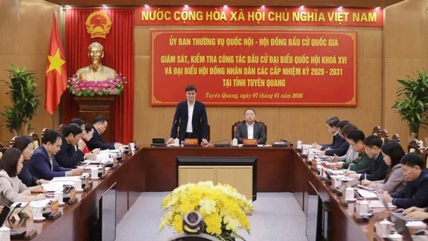 Đồng chí Bùi Quang Huy phát biểu tại buổi làm việc với tỉnh Tuyên Quang.