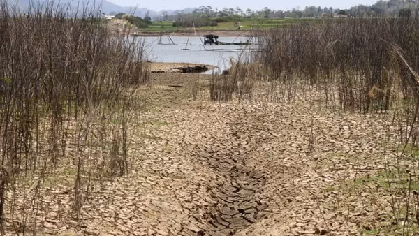 Hình ảnh lòng hồ chứa Gajah Mungkur khô cạn trong mùa khô ở làng Gebang, huyện Wonogiri, tỉnh Trung Java, Indonesia, ảnh chụp ngày 20/9/2023. (Nguồn: XINHUA)