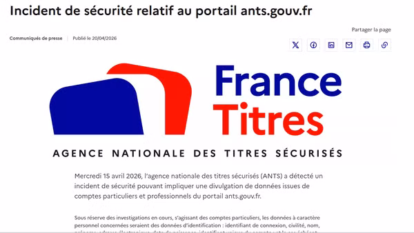 Sự cố bảo mật liên quan đến ANTS được đăng tải trên trang web của Bộ Nội vụ Pháp. (Ảnh chụp màn hình) 