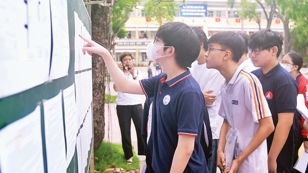 Học sinh xem sơ đồ phòng thi trước giờ thi vào lớp 10 trung học phổ thông.