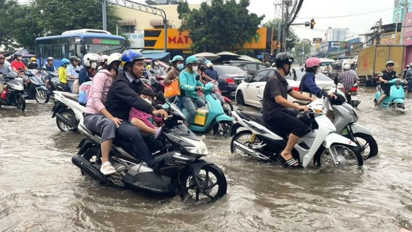 Nước dâng sớm, rút chậm trên đường Phạm Hữu Lầu, kéo dài từ cầu Phước Long đến đường Huỳnh Tấn Phát (Thành phố Hồ Chí Minh) khiến các phương tiện di chuyển chậm, khó khăn. (Ảnh: Hương Giang/TTXVN)